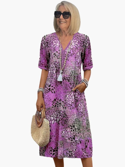 Women's Floral Print V-Neck Midi Dress-Jivoca