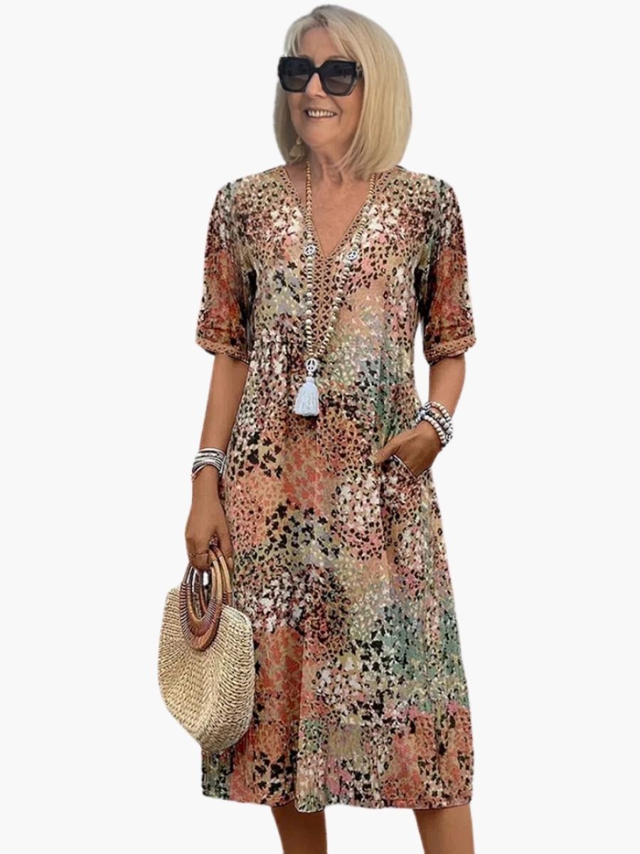 Women's Floral Print V-Neck Midi Dress-Jivoca