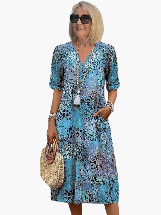 Women's Floral Print V-Neck Midi Dress-Jivoca