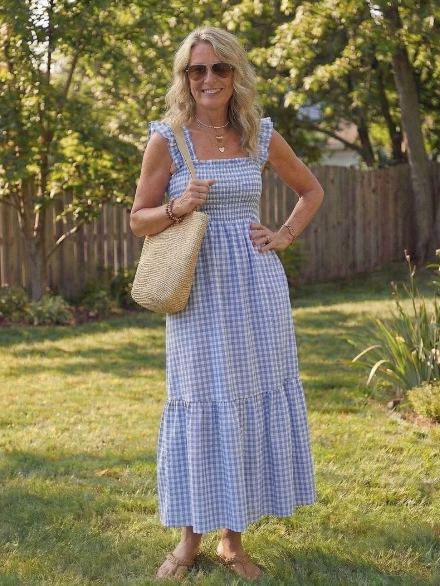 Women's Gingham Maxi Dress With Smocked Bodice And Flutter Sleeves-Jivoca