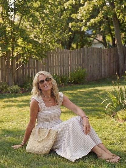 Women's Gingham Maxi Dress With Smocked Bodice And Flutter Sleeves-Jivoca