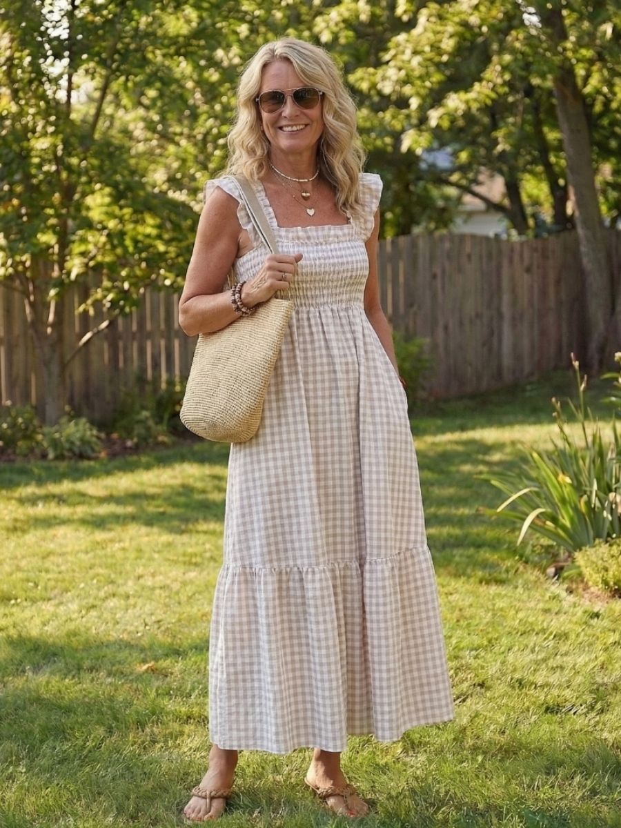 Women's Gingham Maxi Dress With Smocked Bodice And Flutter Sleeves-Jivoca