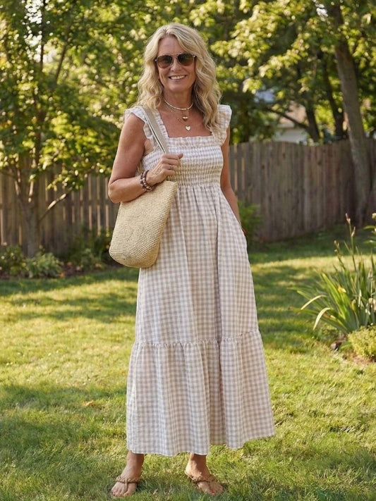 Women's Gingham Maxi Dress With Smocked Bodice And Flutter Sleeves-Jivoca