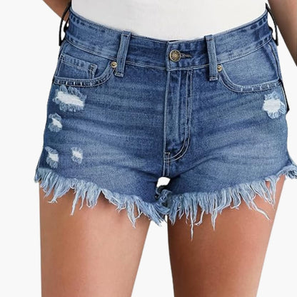Women's High-Waisted Denim Shorts With Distressed Detail-Jivoca