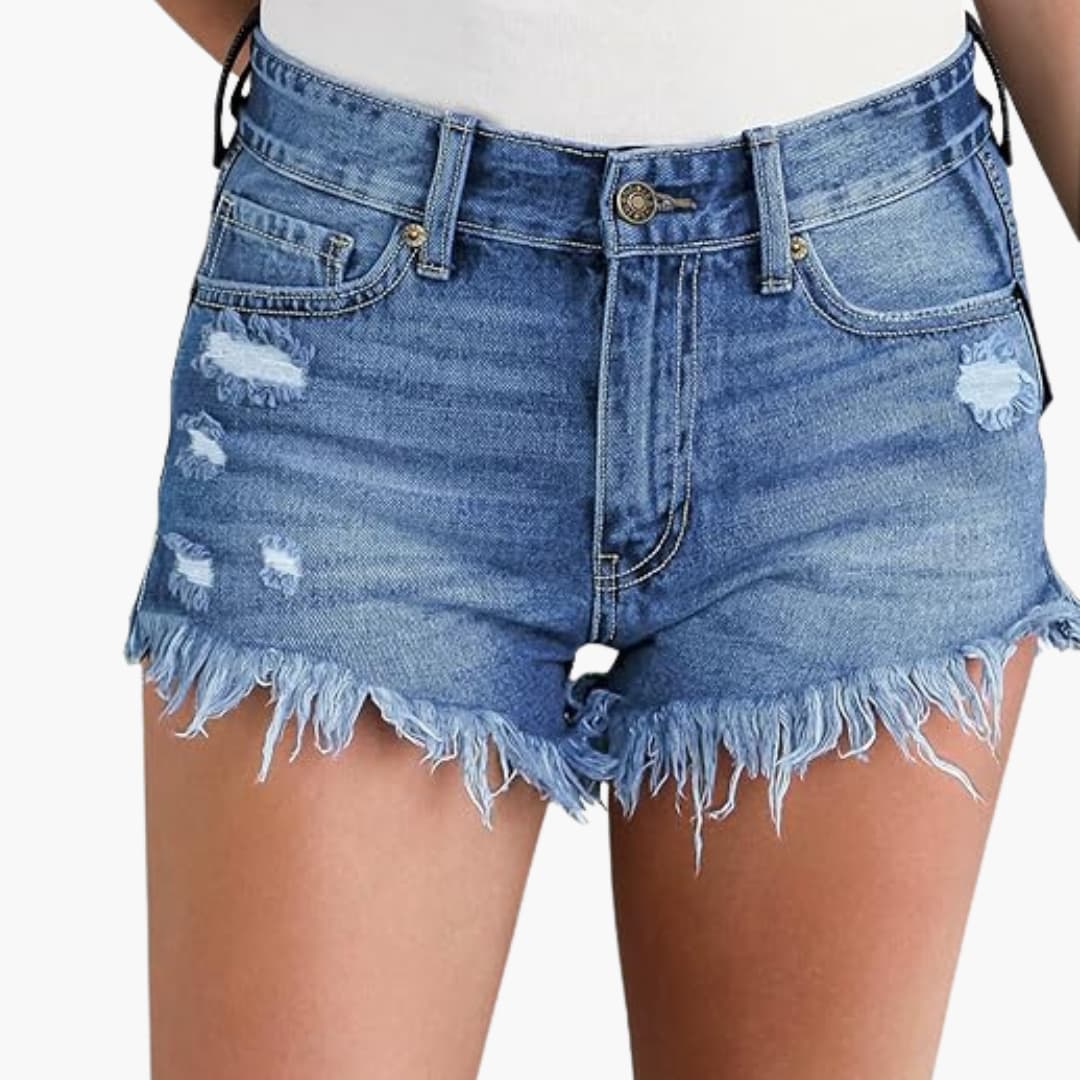 Women's High-Waisted Denim Shorts With Distressed Detail-Jivoca