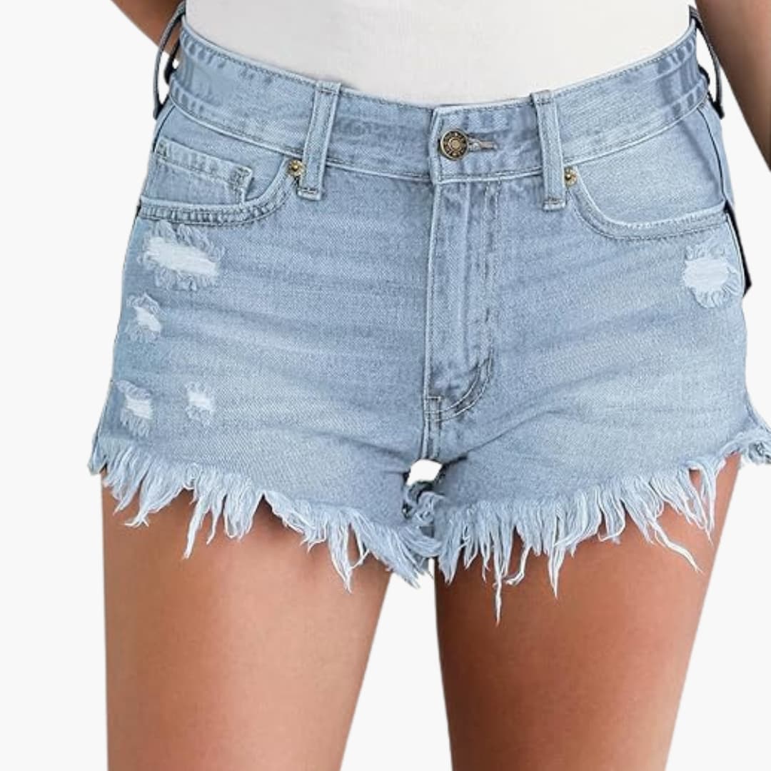 Women's High-Waisted Denim Shorts With Distressed Detail-Jivoca