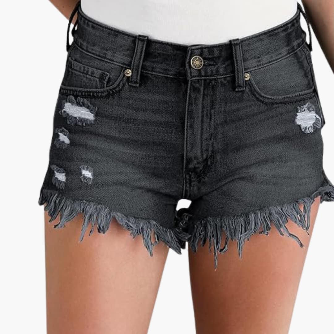 Women's High-Waisted Denim Shorts With Distressed Detail-Jivoca