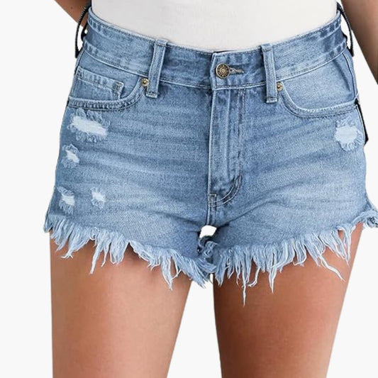 Women's High-Waisted Denim Shorts With Distressed Detail-Jivoca