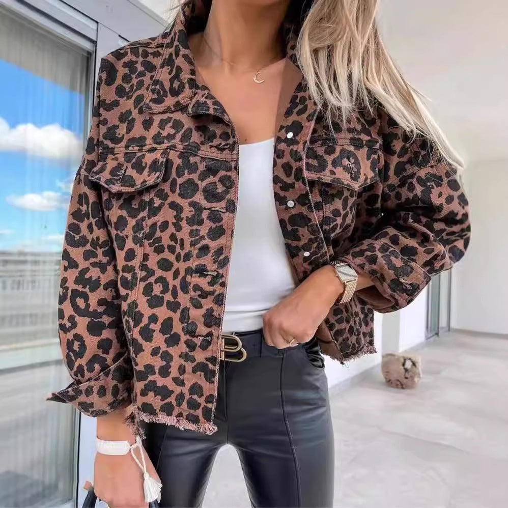 Women's Leopard Print Cropped Jacket With Button Front Pockets-Jivoca