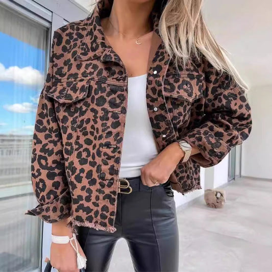 Women's Leopard Print Cropped Jacket With Button Front Pockets-Jivoca