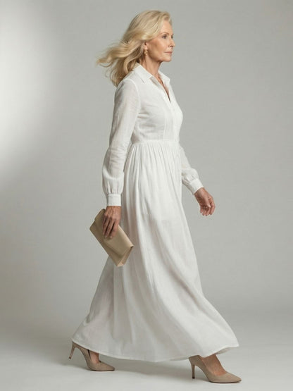 Women's Long Sleeve Maxi Dress With Button Front And Pockets-Jivoca
