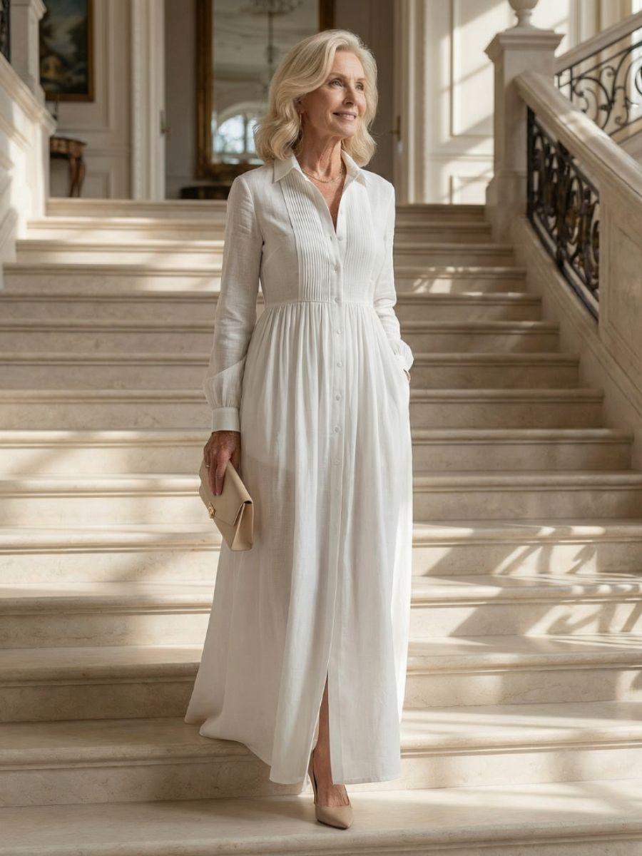 Women's Long Sleeve Maxi Dress With Button Front And Pockets-Jivoca