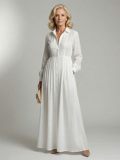 Women's Long Sleeve Maxi Dress With Button Front And Pockets-Jivoca