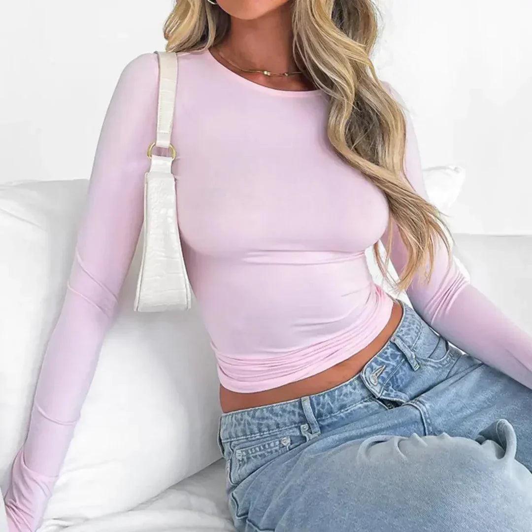 Women's Long Sleeve Top With Round Neck-Jivoca