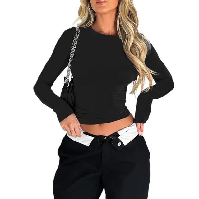 Women's Long Sleeve Top With Round Neck-Jivoca