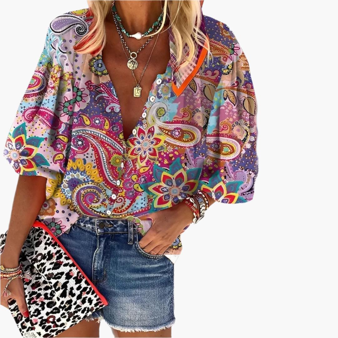 Women's Mandala Print Short Sleeve Boho Top-Jivoca