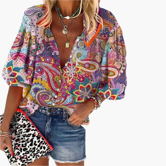 Women's Mandala Print Short Sleeve Boho Top-Jivoca