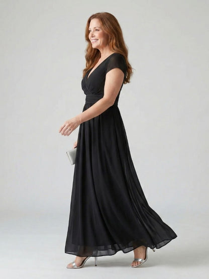Women's Maxi Dress With Wrap-Style Bodice And Short Sleeves-Jivoca