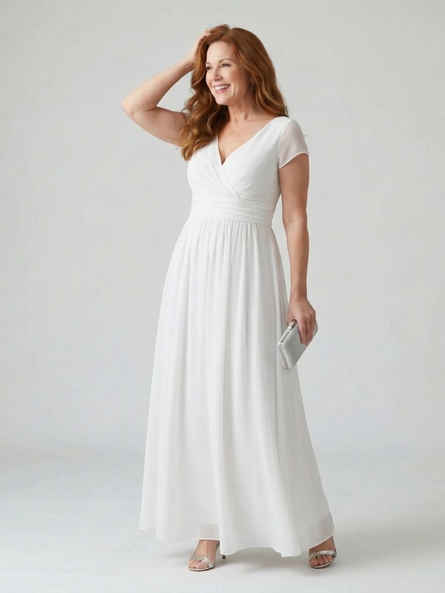 Women's Maxi Dress With Wrap-Style Bodice And Short Sleeves-Jivoca