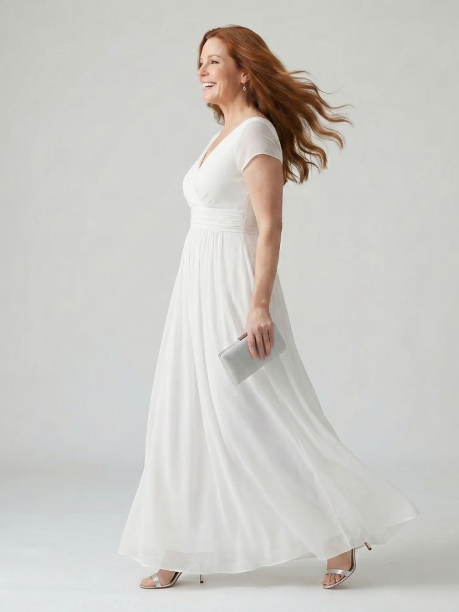 Women's Maxi Dress With Wrap-Style Bodice And Short Sleeves-Jivoca