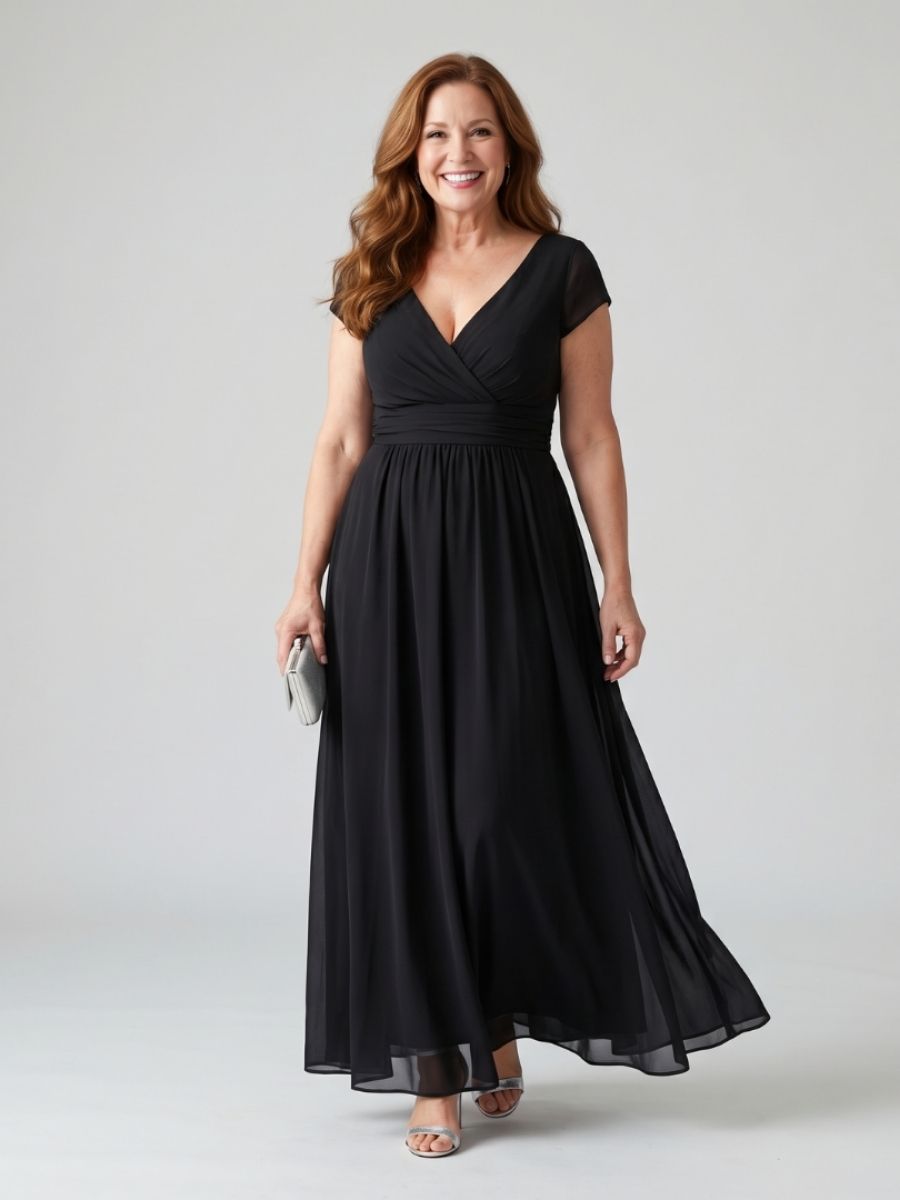 Women's Maxi Dress With Wrap-Style Bodice And Short Sleeves-Jivoca