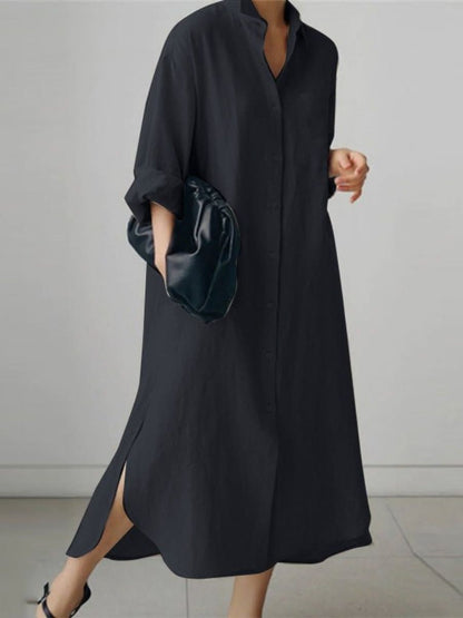Women's Oversized Cotton Shirt Dress With Button Front-Jivoca