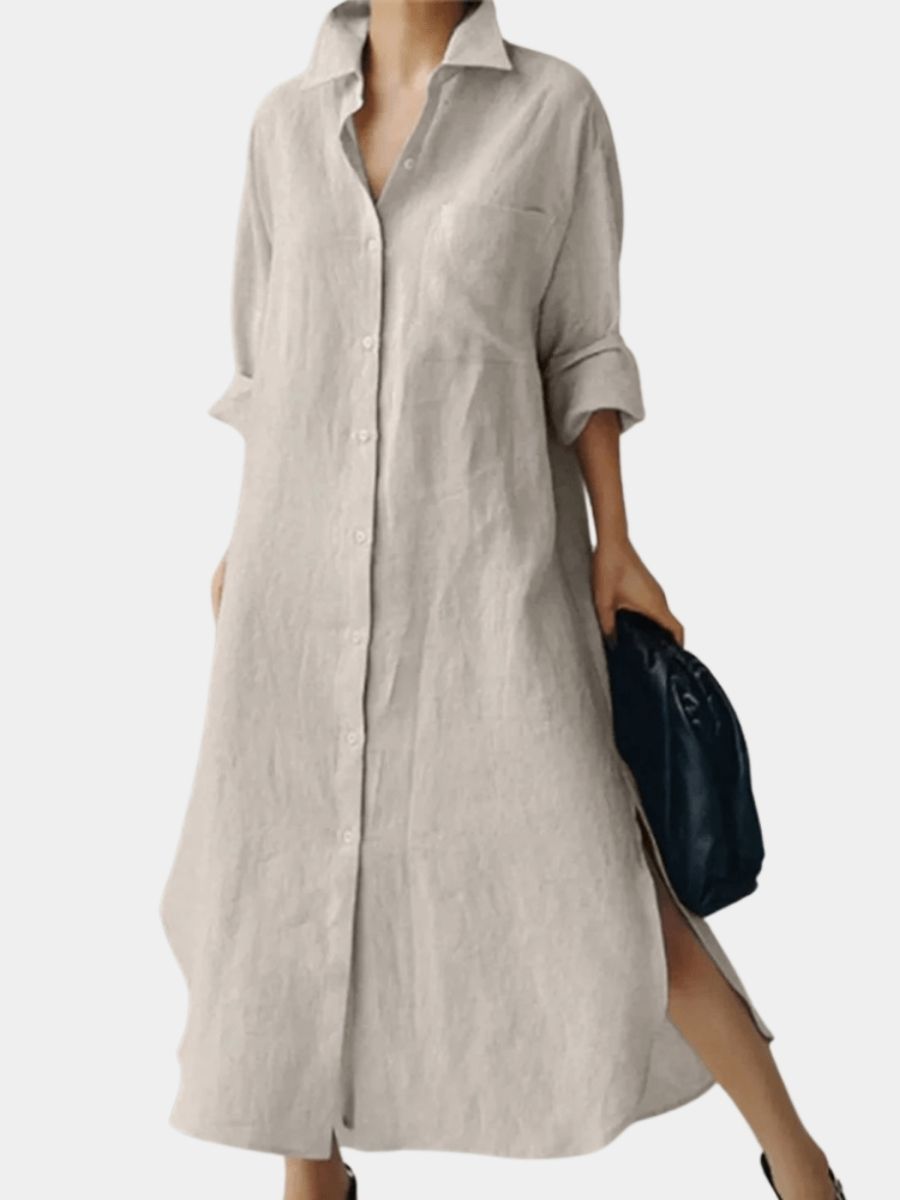 Women's Oversized Cotton Shirt Dress With Button Front-Jivoca