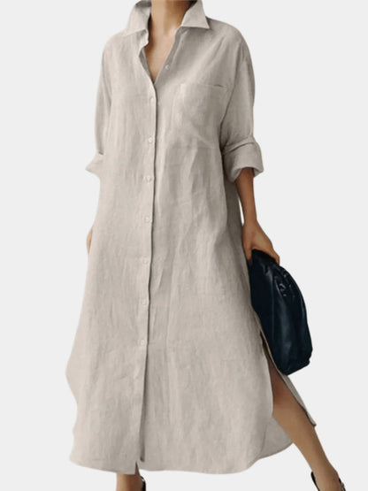Women's Oversized Cotton Shirt Dress With Button Front-Jivoca