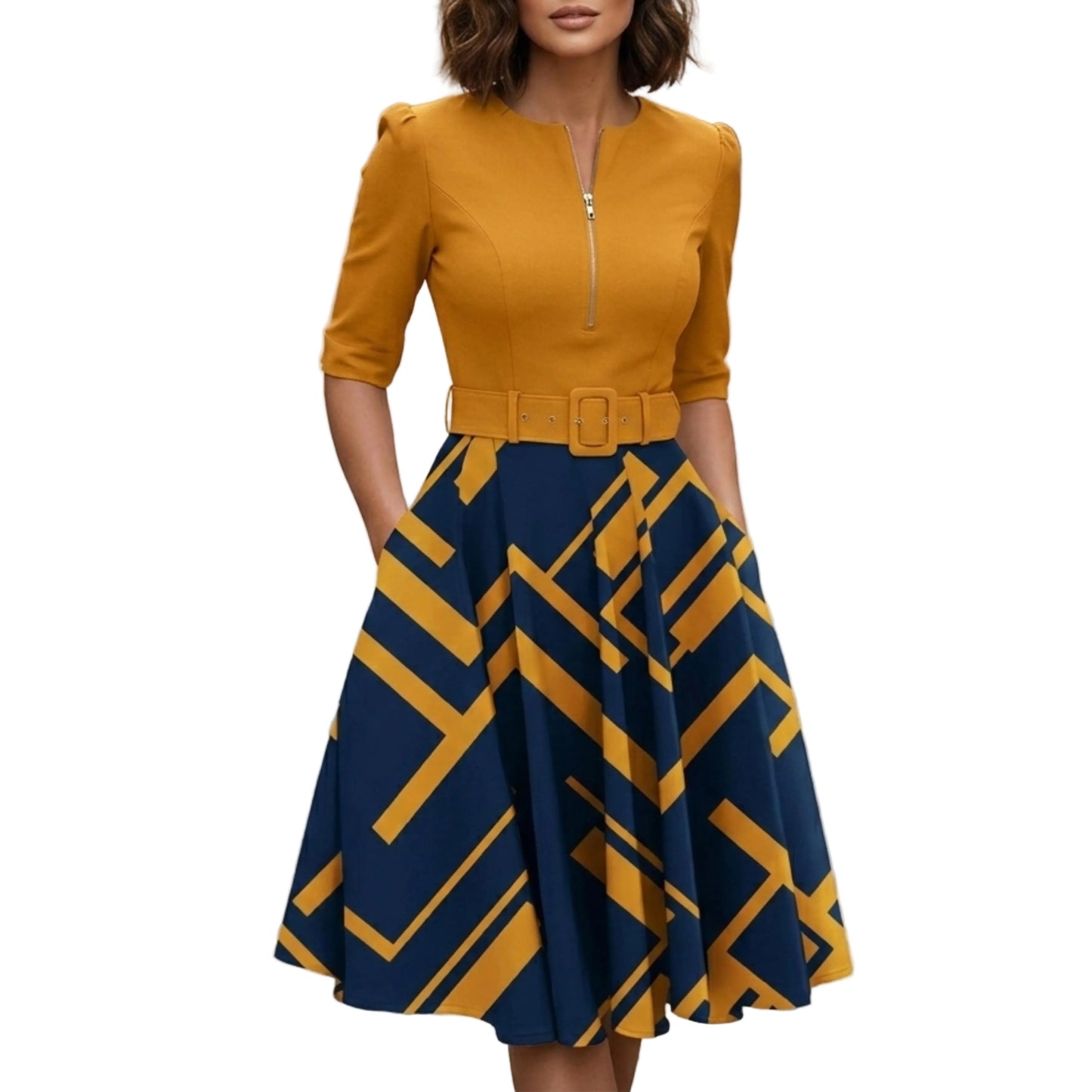Women's Printed Midi Dress With Belt And Zip Front-Jivoca