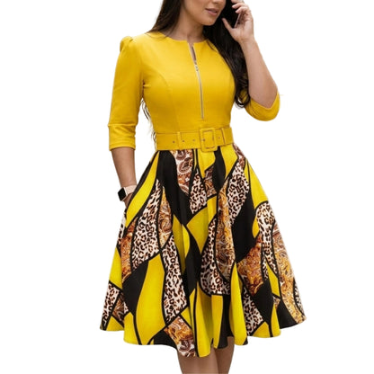 Women's Printed Midi Dress With Belt And Zip Front-Jivoca