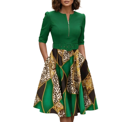 Women's Printed Midi Dress With Belt And Zip Front-Jivoca