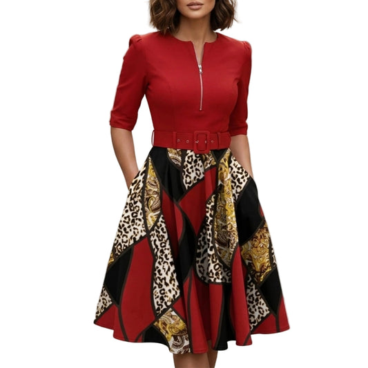 Women's Printed Midi Dress With Belt And Zip Front-Jivoca