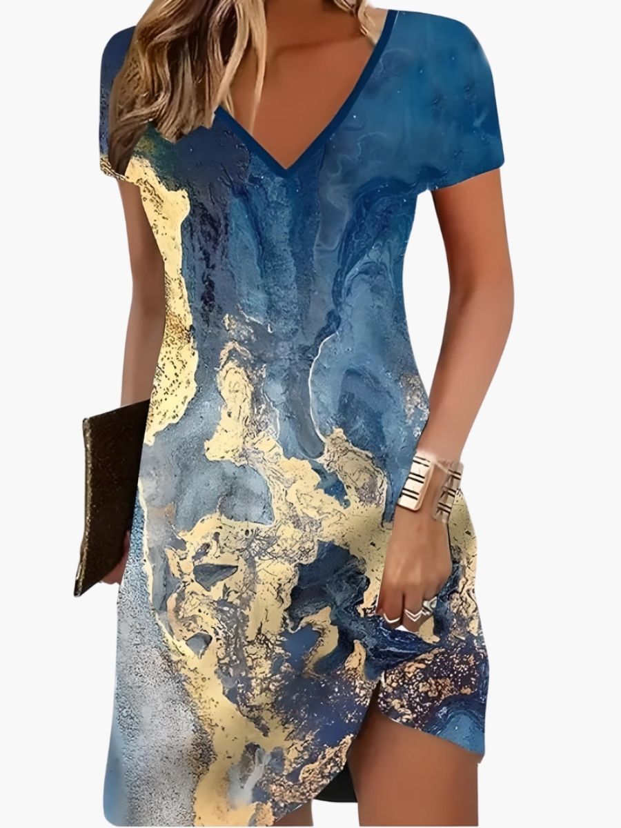 Women's Printed V-Neck Short Dress With Asymmetric Hem-Jivoca