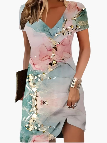 Women's Printed V-Neck Short Dress With Asymmetric Hem-Jivoca