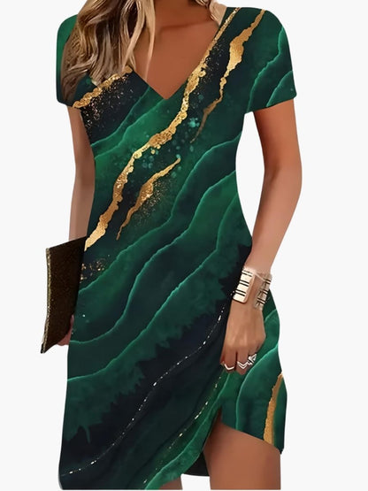Women's Printed V-Neck Short Dress With Asymmetric Hem-Jivoca