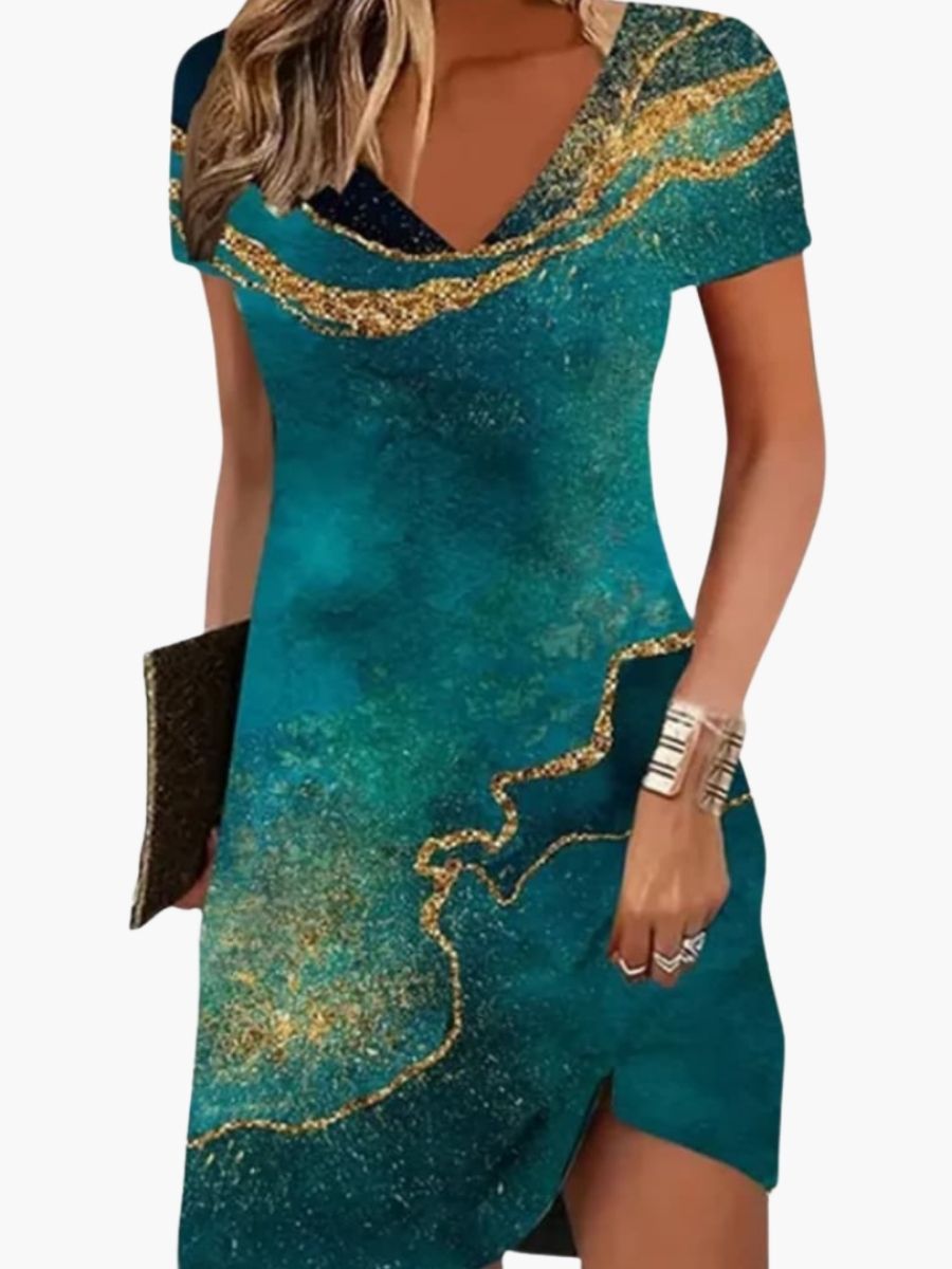 Women's Printed V-Neck Short Dress With Asymmetric Hem-Jivoca