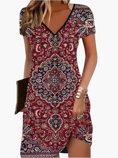 Women's Printed V-Neck Short Dress With Asymmetric Hem-Jivoca
