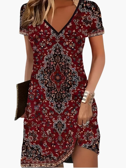 Women's Printed V-Neck Short Dress With Asymmetric Hem-Jivoca