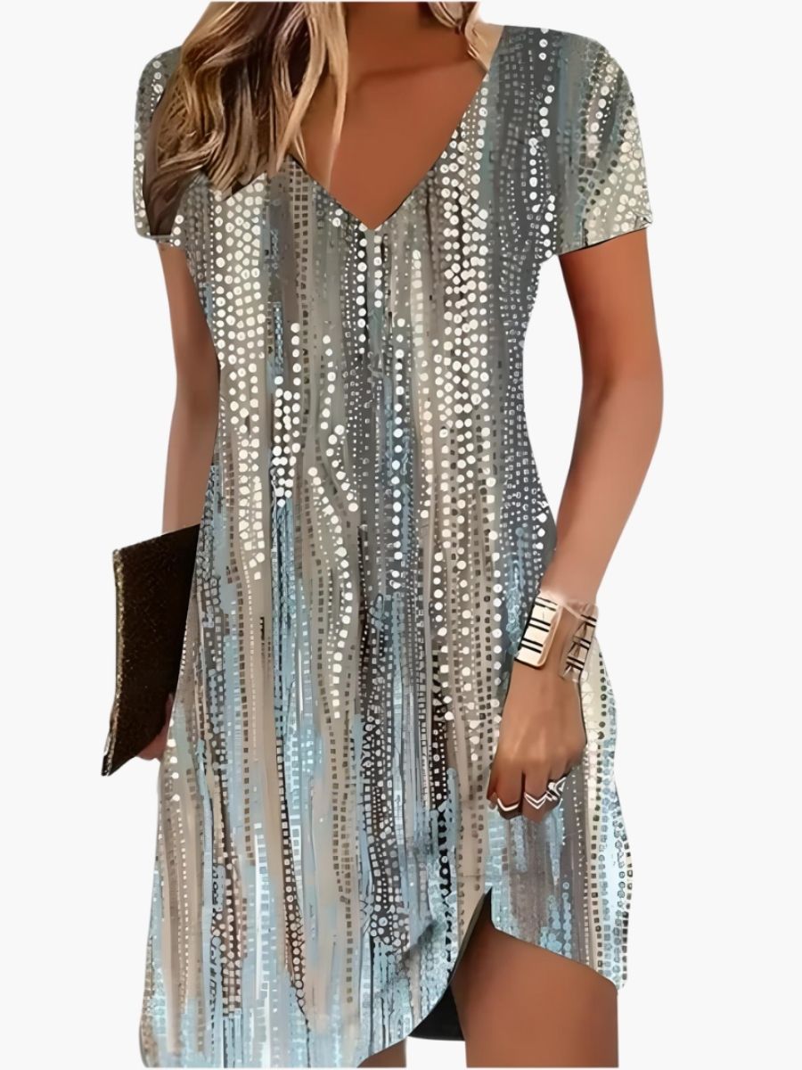 Women's Printed V-Neck Short Dress With Asymmetric Hem-Jivoca