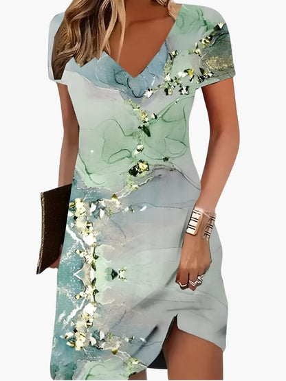 Women's Printed V-Neck Short Dress With Asymmetric Hem-Jivoca