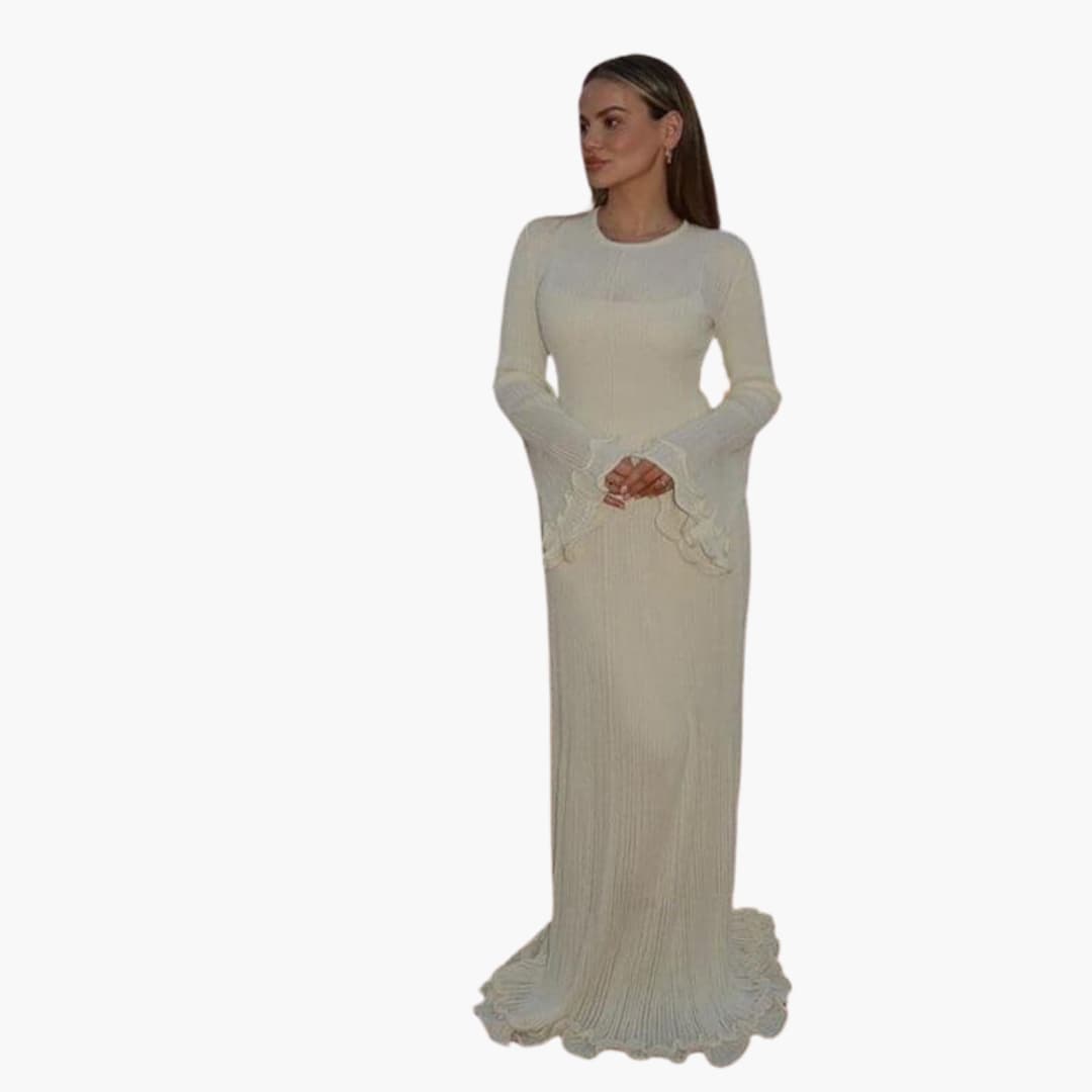 Women's Ribbed Knit Maxi Dress With Open Back And Trumpet Sleeves-Jivoca