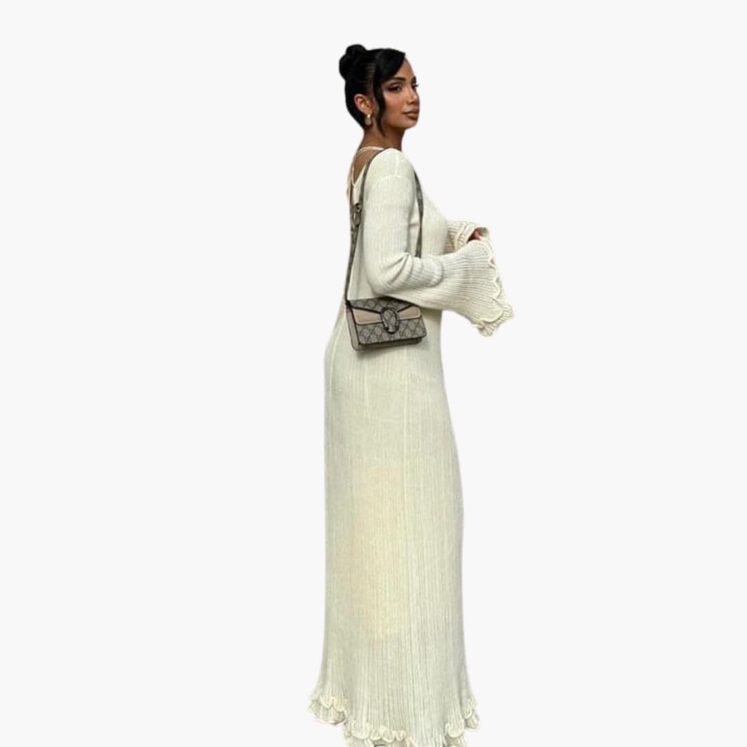 Women's Ribbed Knit Maxi Dress With Open Back And Trumpet Sleeves-Jivoca