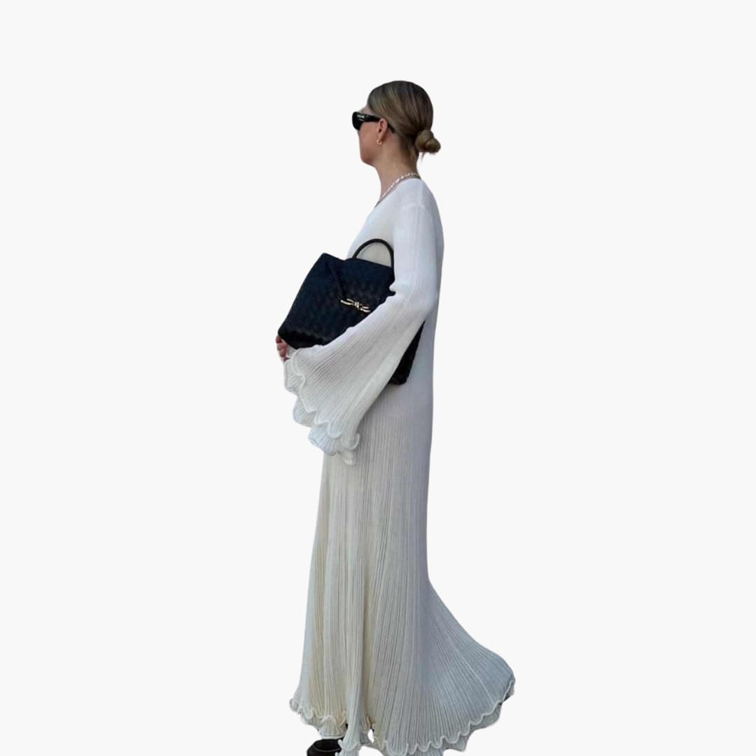 Women's Ribbed Knit Maxi Dress With Open Back And Trumpet Sleeves-Jivoca