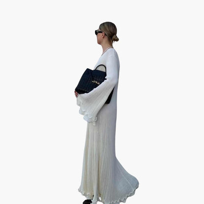 Women's Ribbed Knit Maxi Dress With Open Back And Trumpet Sleeves-Jivoca
