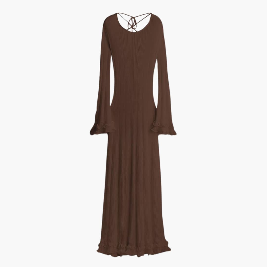 Women's Ribbed Knit Maxi Dress With Open Back And Trumpet Sleeves-Jivoca