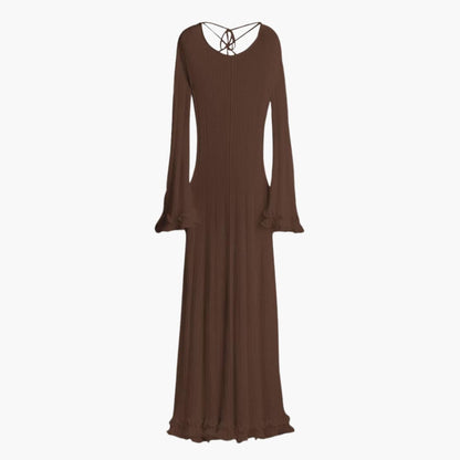 Women's Ribbed Knit Maxi Dress With Open Back And Trumpet Sleeves-Jivoca