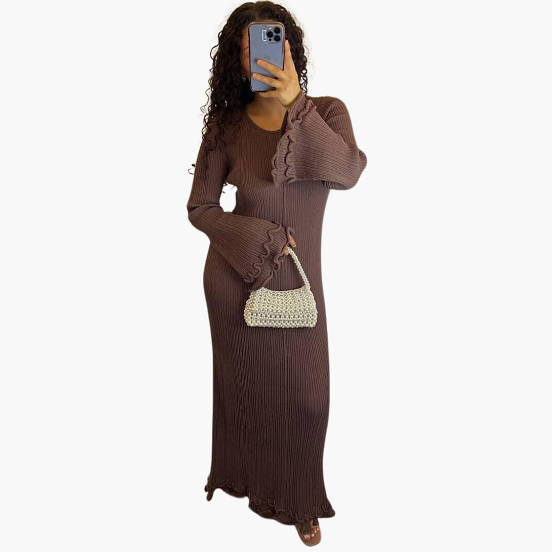 Women's Ribbed Knit Maxi Dress With Open Back And Trumpet Sleeves-Jivoca