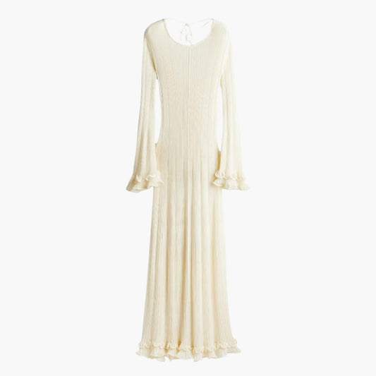 Women's Ribbed Knit Maxi Dress With Open Back And Trumpet Sleeves-Jivoca