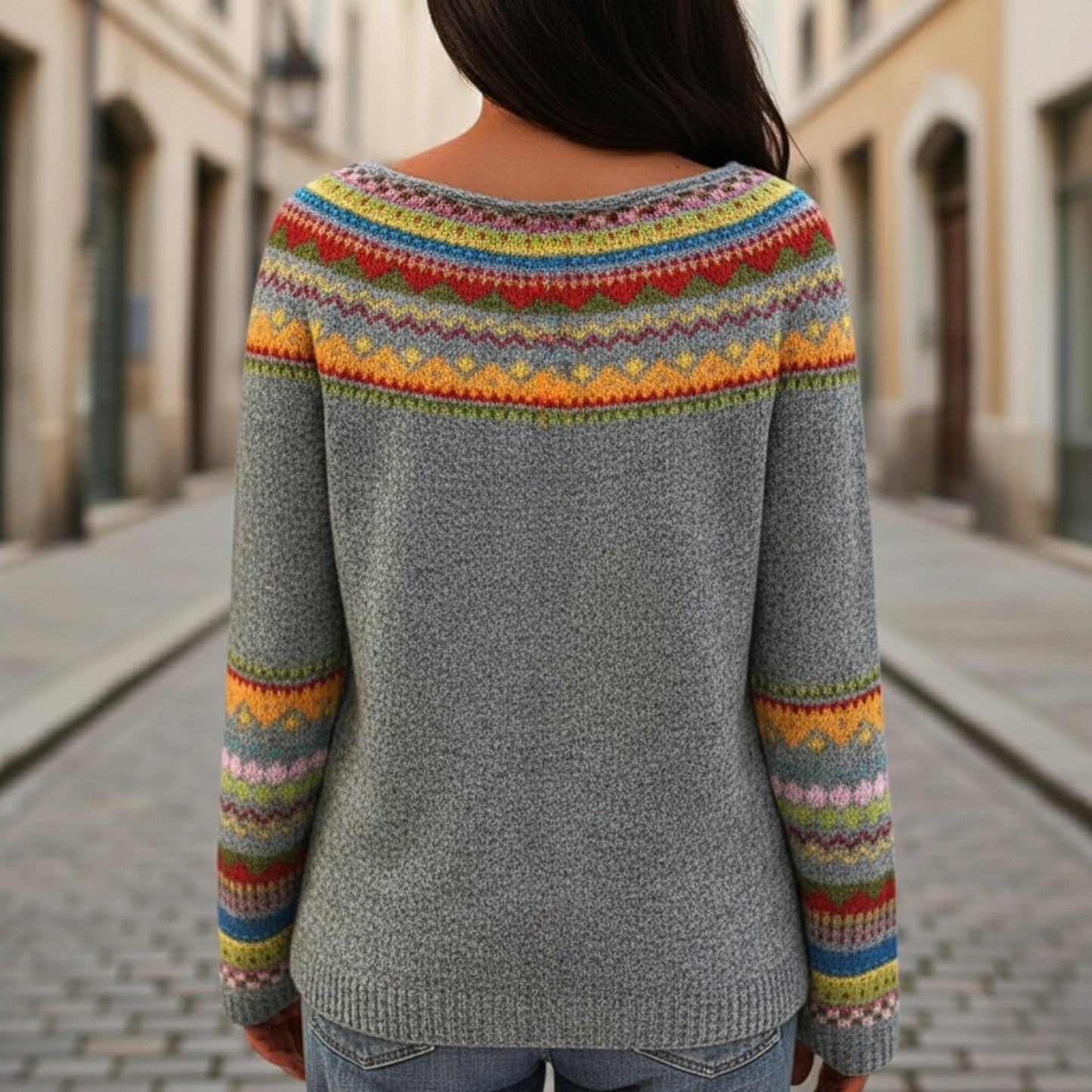 Women's Round Neck Knit Sweater With Pattern Detail-Jivoca