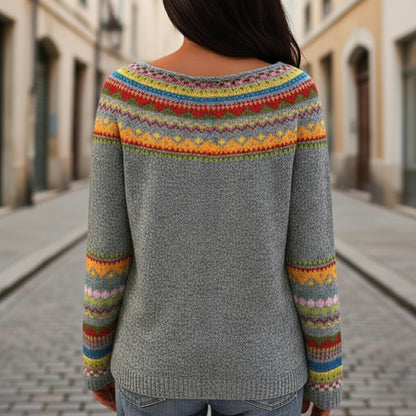 Women's Round Neck Knit Sweater With Pattern Detail-Jivoca
